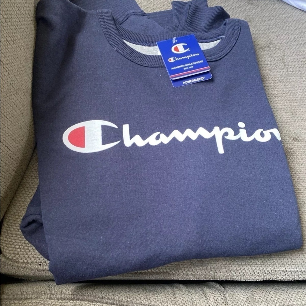 Champion Logo Graphic Pullover Crew Neck Sweatshirt Men's Sz 2XL Navy Athleisure - Picture 6 of 6